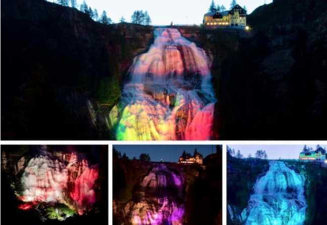 Lichter und Klänge am Toce Wasserfall