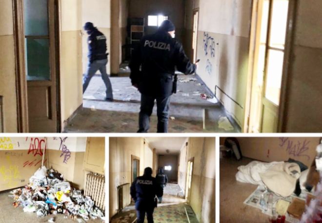 Leere Räumen des ehenaligen  Zolles an Bahnhof Domodossolla werden zum Schlafen, Kichhen und als Bäder gebraucht 