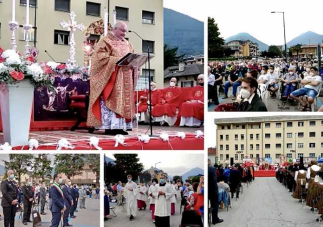 Großer Zustrom von Menschen zum Patronatsfest 2021 In Domodossola. Die Messe auf dem Platz ohne Prozession